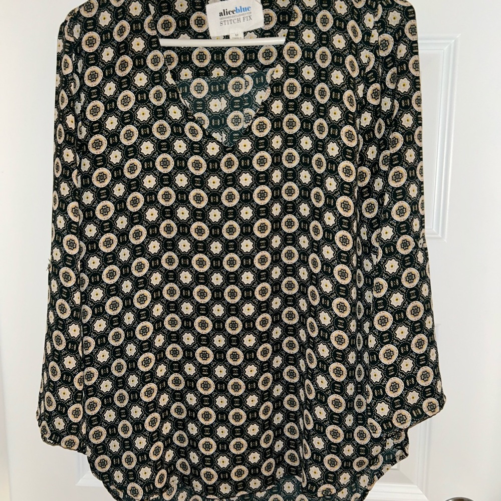 Alice Blue Dark Green and Cream Geometric Blouse